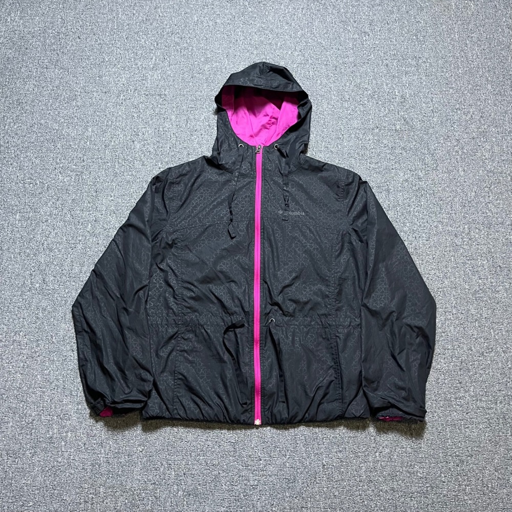 Columbia Windbreaker Jacket Size L Black Pink Geometric Floral Hooded‎ Full Zip